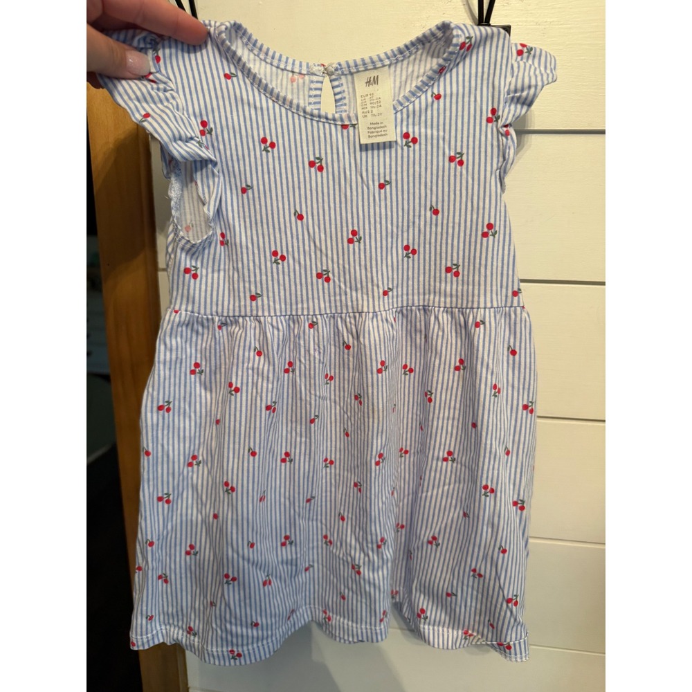 HM Baby Girl Blue‎ White Striped Cherry Print Flutter Sleeve Dress Size 2T